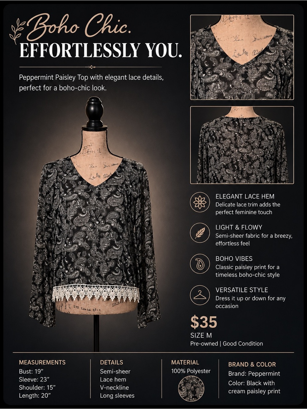Peppermint Paisley Lace Hem Boho Top